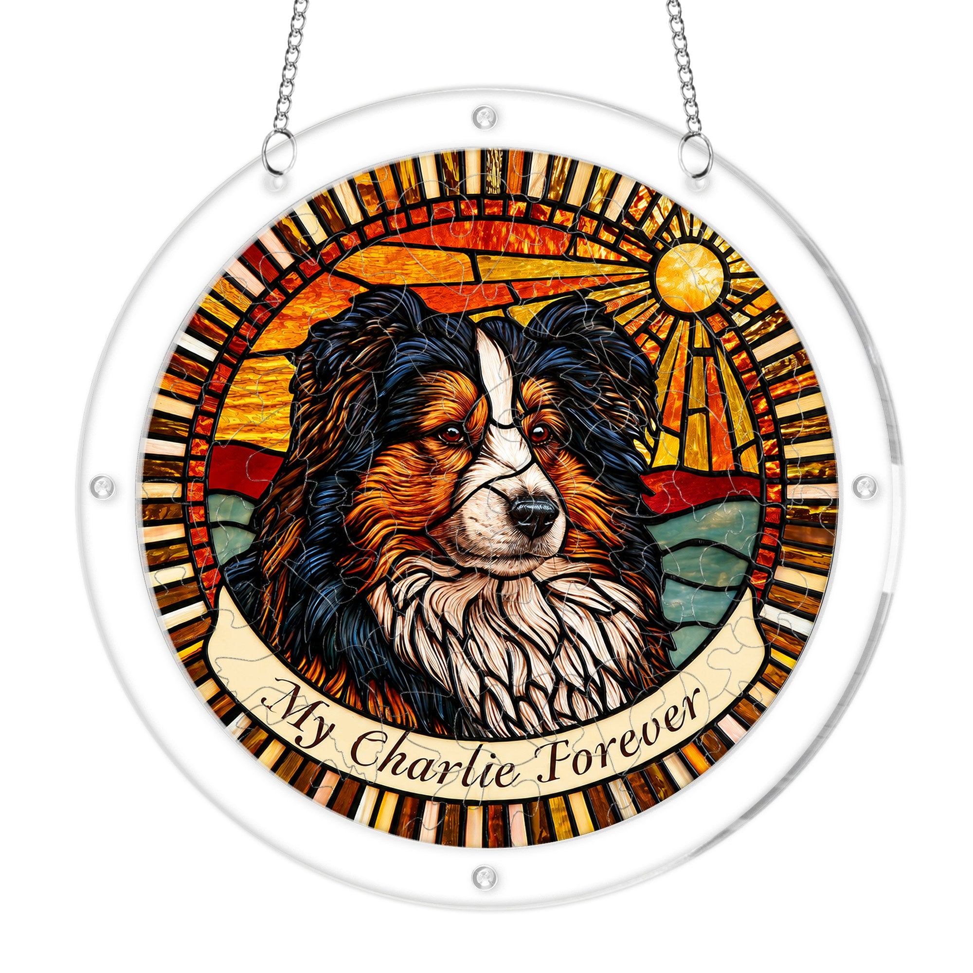 Dog memorial acrylic puzzle suncatcher on a clear round frame