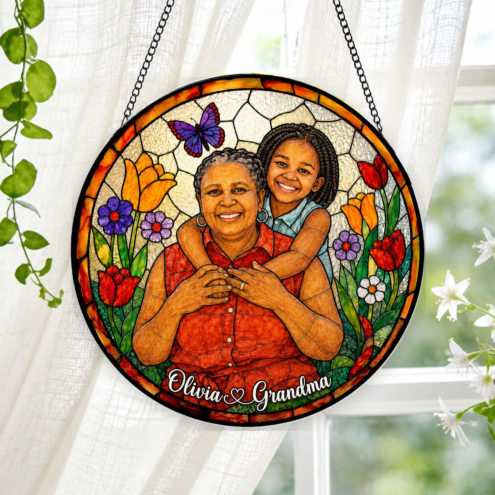 Personalized Butterfly Garden Photo Stained Glass Suncatcher
