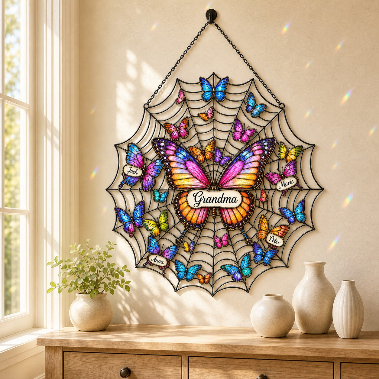 Personalized butterfly web suncatcher styled on a console table