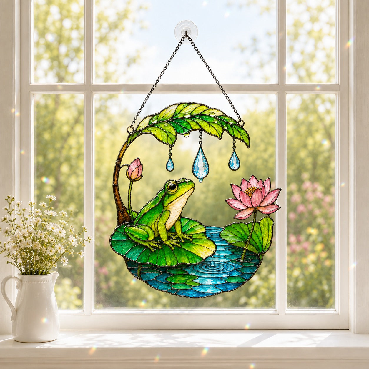 Frog suncatcher hanging in a bright kitchen window