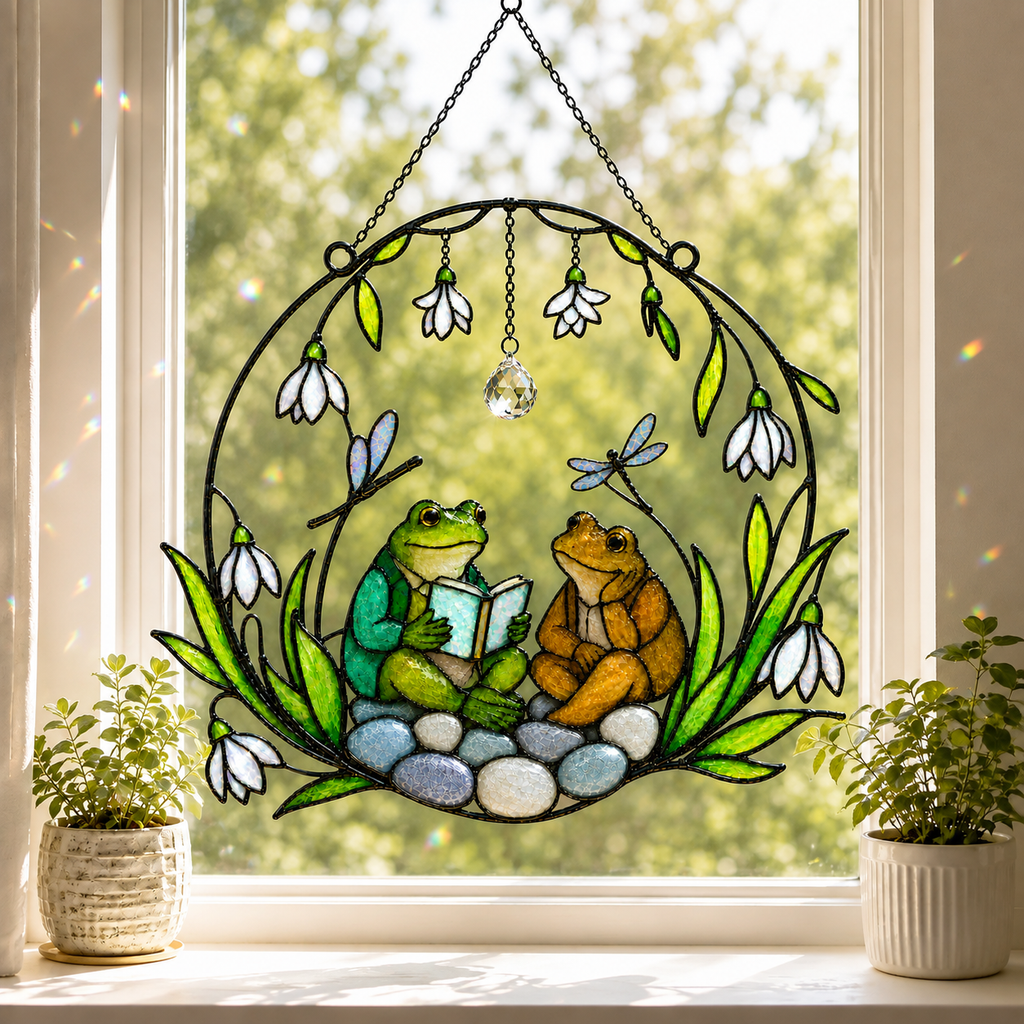 Frog Couple Reading a Book Holographic Acrylic Suncatcher