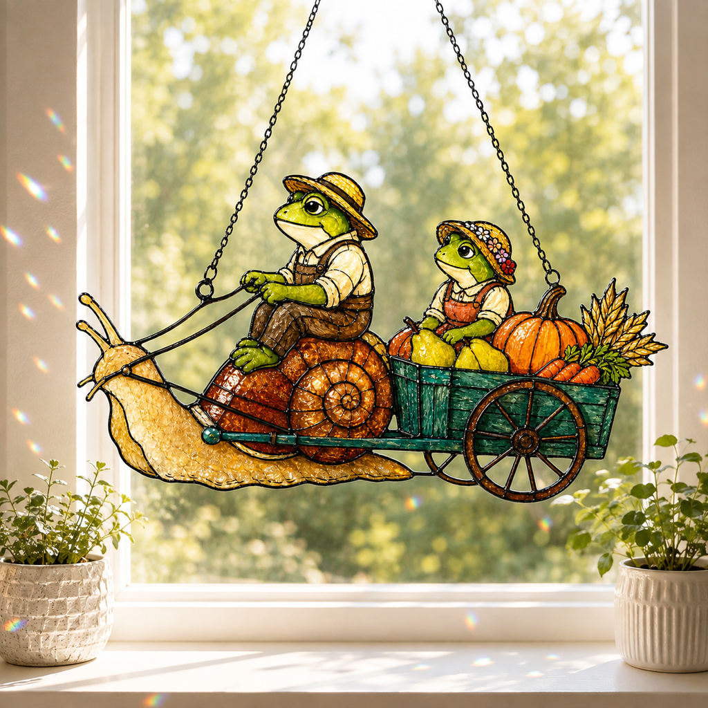 Frog Couple Pumpkin Harvest Snail Cart Holographic Acrylic Suncatcher