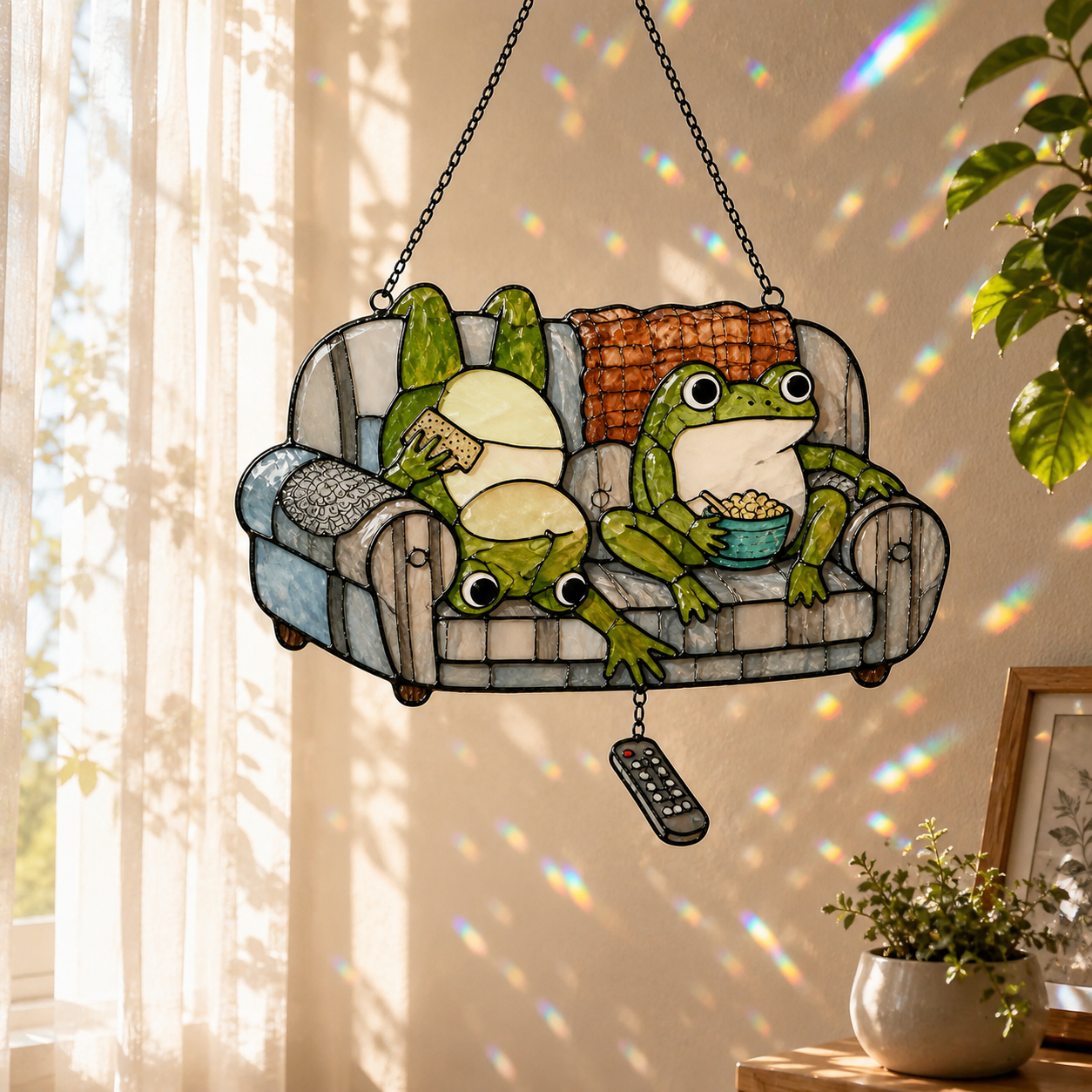 Frog Couple Movie Night on Couch Holographic Acrylic Suncatcher