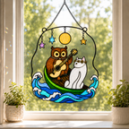 Owl and Cat Couple in a Boat Holographic Acrylic Suncatcher