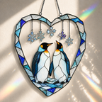 Penguin Couple Heart Snowflake Holographic Acrylic Suncatcher