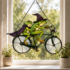 Witch Frog Couple on a Bicycle Holographic Acrylic Suncatcher