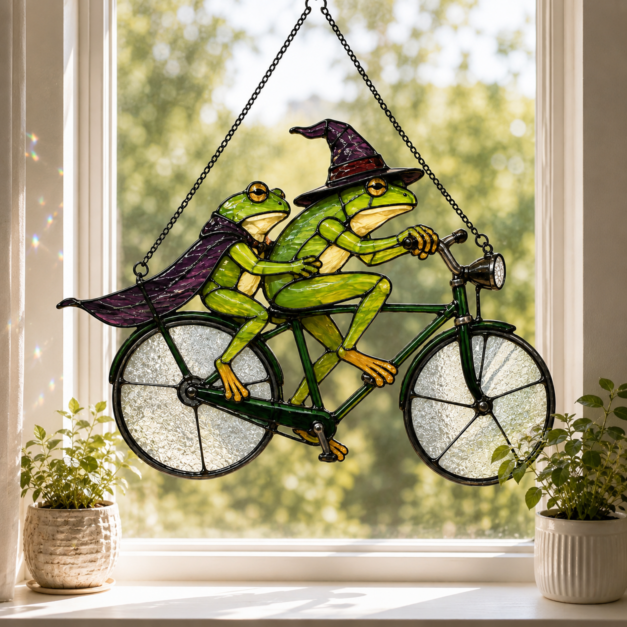 Witch Frog Couple on a Bicycle Holographic Acrylic Suncatcher
