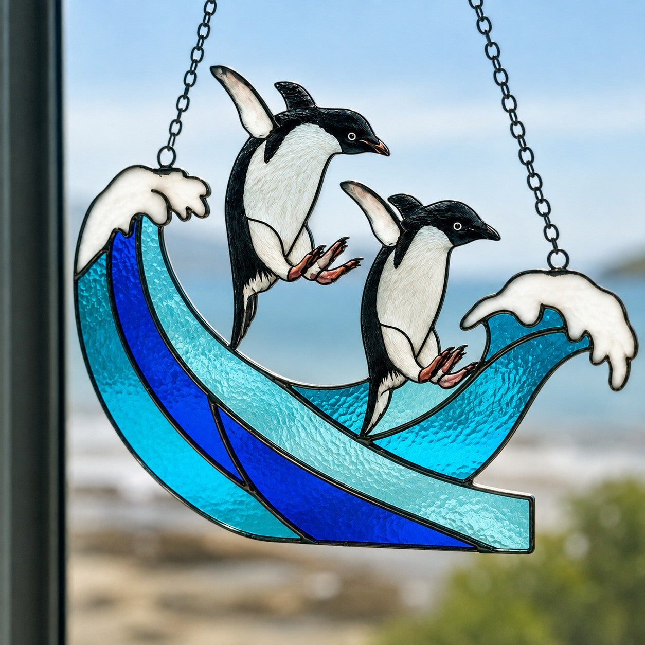 Personalized Penguin Couple Ocean Wave Holographic Acrylic Suncatcher