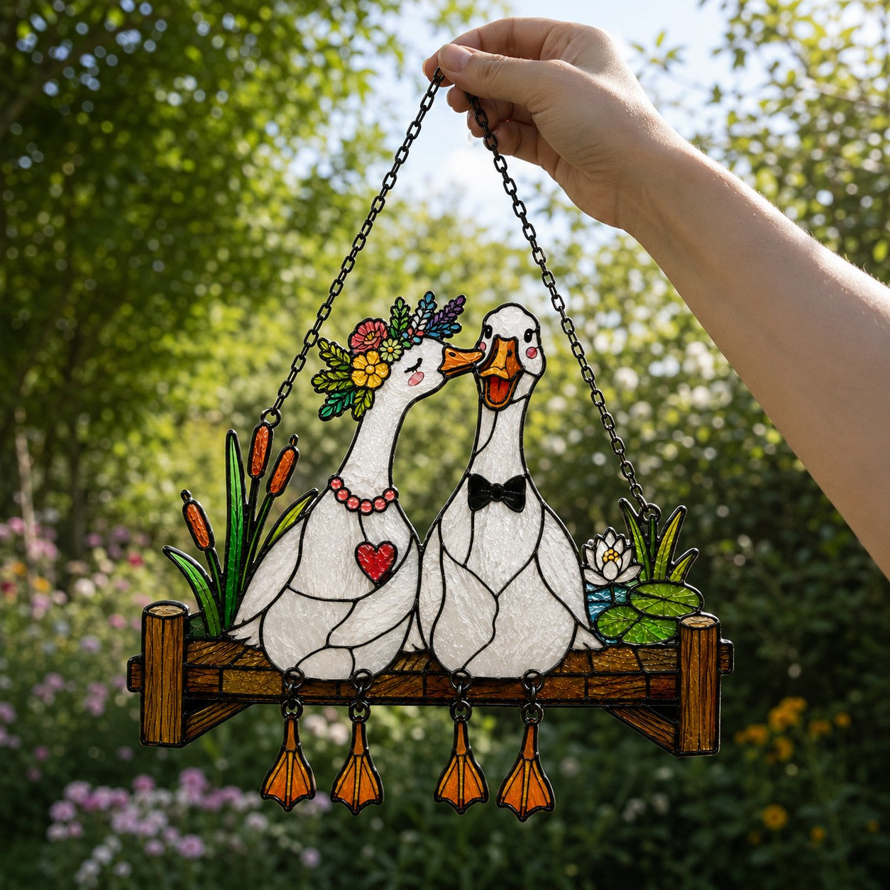 Personalized Goose Couple Wedding Fence Holographic Acrylic Suncatcher