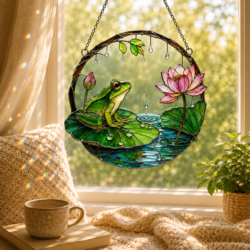 Frog on Lily Pad & Lotus Pond Holographic Acrylic Suncatcher