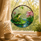 Frog on Lily Pad & Lotus Pond Holographic Acrylic Suncatcher