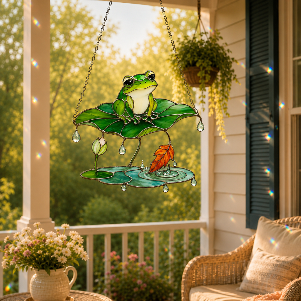 Frog Under Lotus Leaf Umbrella Holographic Acrylic Suncatcher