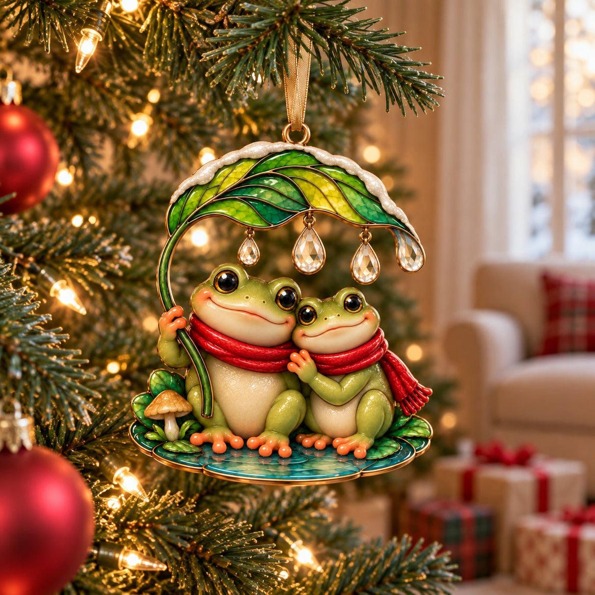 Frog Couple Under One Little Leaf Acrylic Christmas Ornament