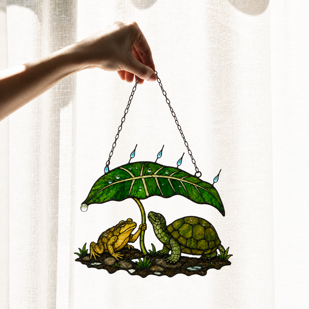 Frog Couple Under a Leaf Umbrella by the Pond Holographic Acrylic Suncatcher
