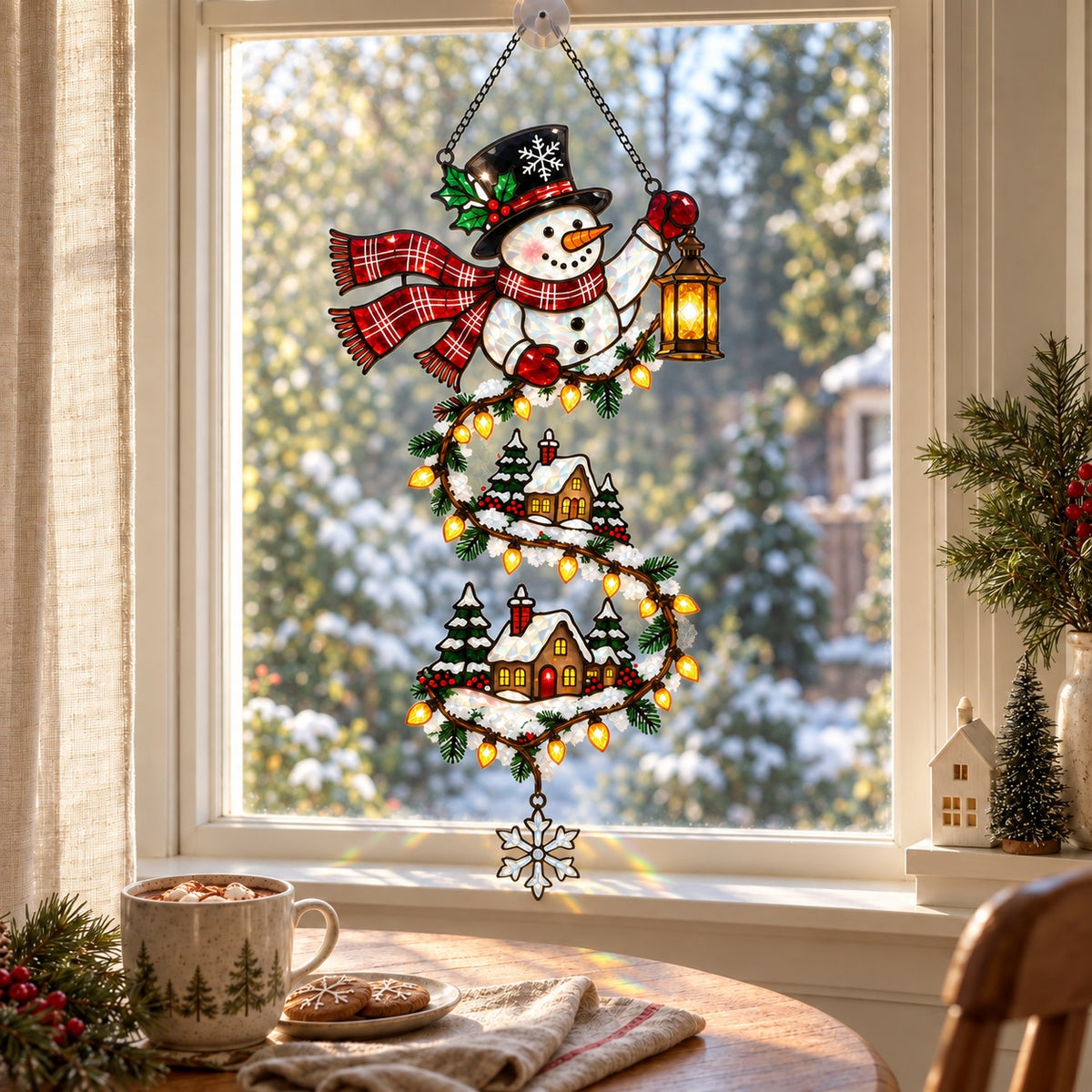Personalized Snowman with Lantern & Winding Village Holographic Acrylic Suncatcher
