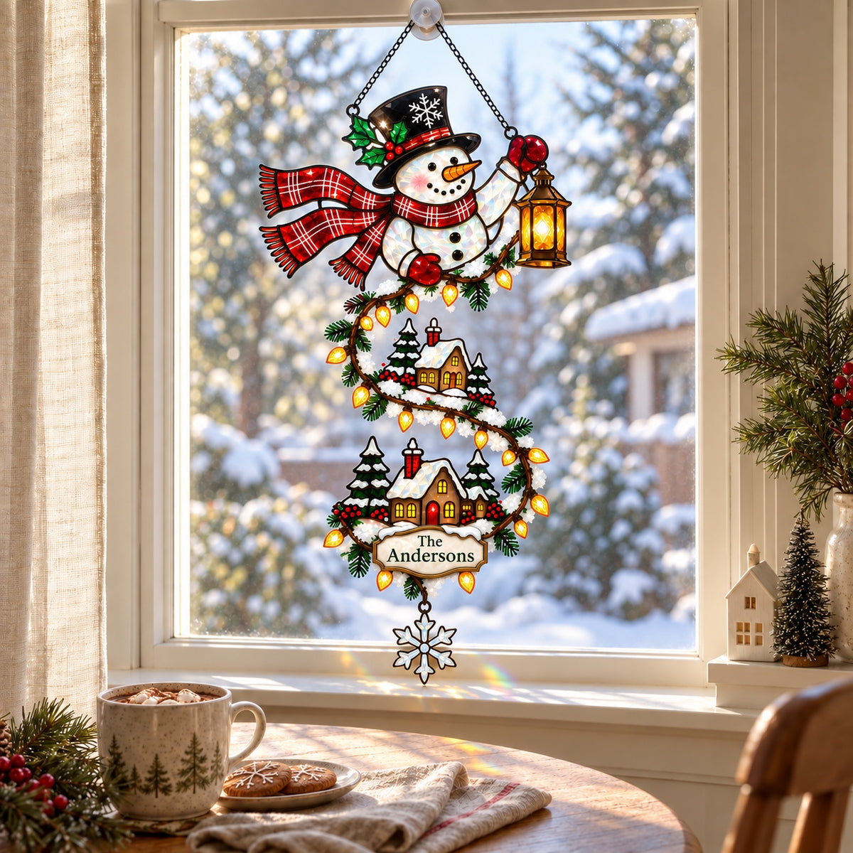 Personalized Snowman with Lantern & Winding Village Holographic Acrylic Suncatcher