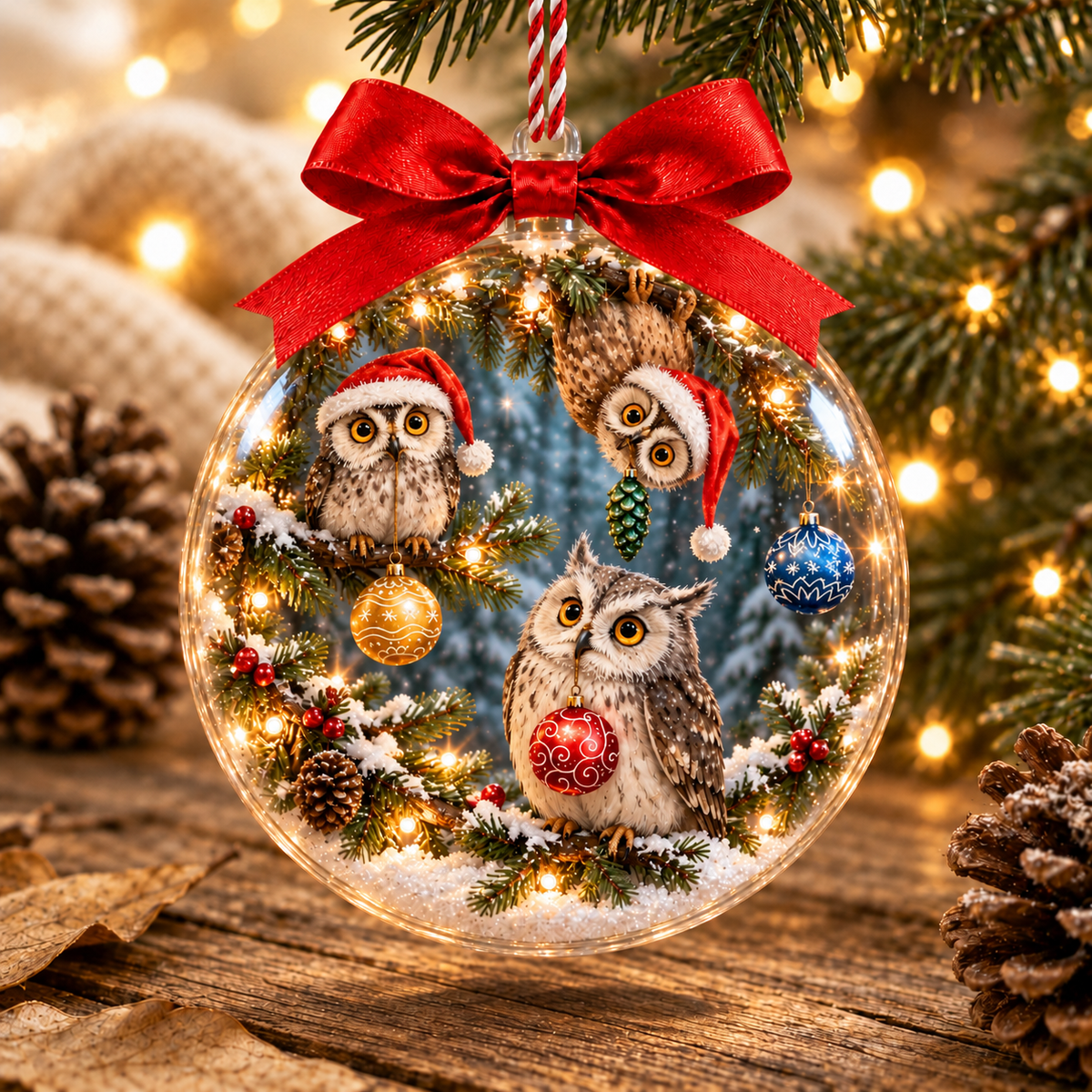 Three Owls in Santa Hats Snowy Christmas Bauble Ornament