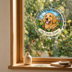 Golden retriever daisy garden suncatcher hanging in a wooden window with a garden view