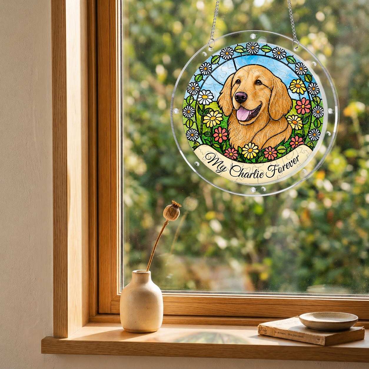 Golden retriever daisy garden suncatcher hanging in a wooden window with a garden view