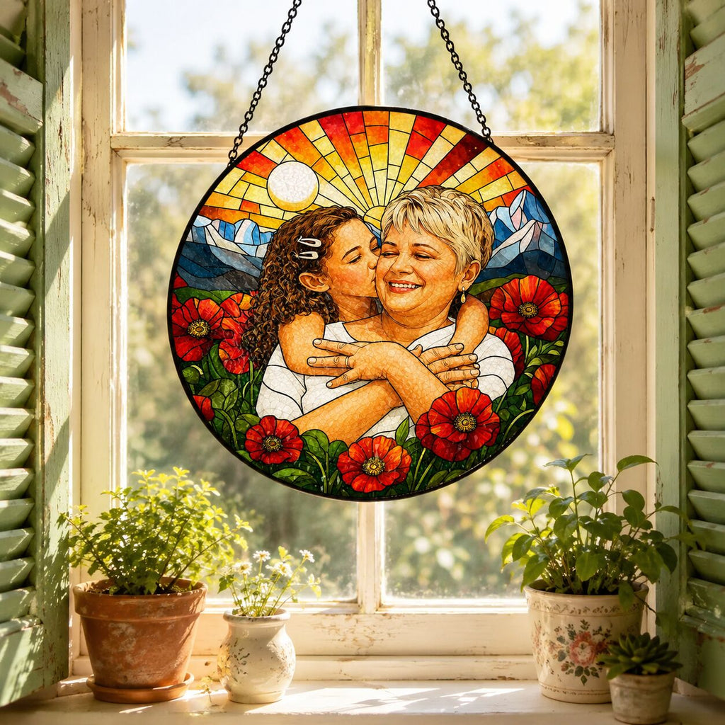Personalized Poppy Sunrise Photo Stained Glass Suncatcher