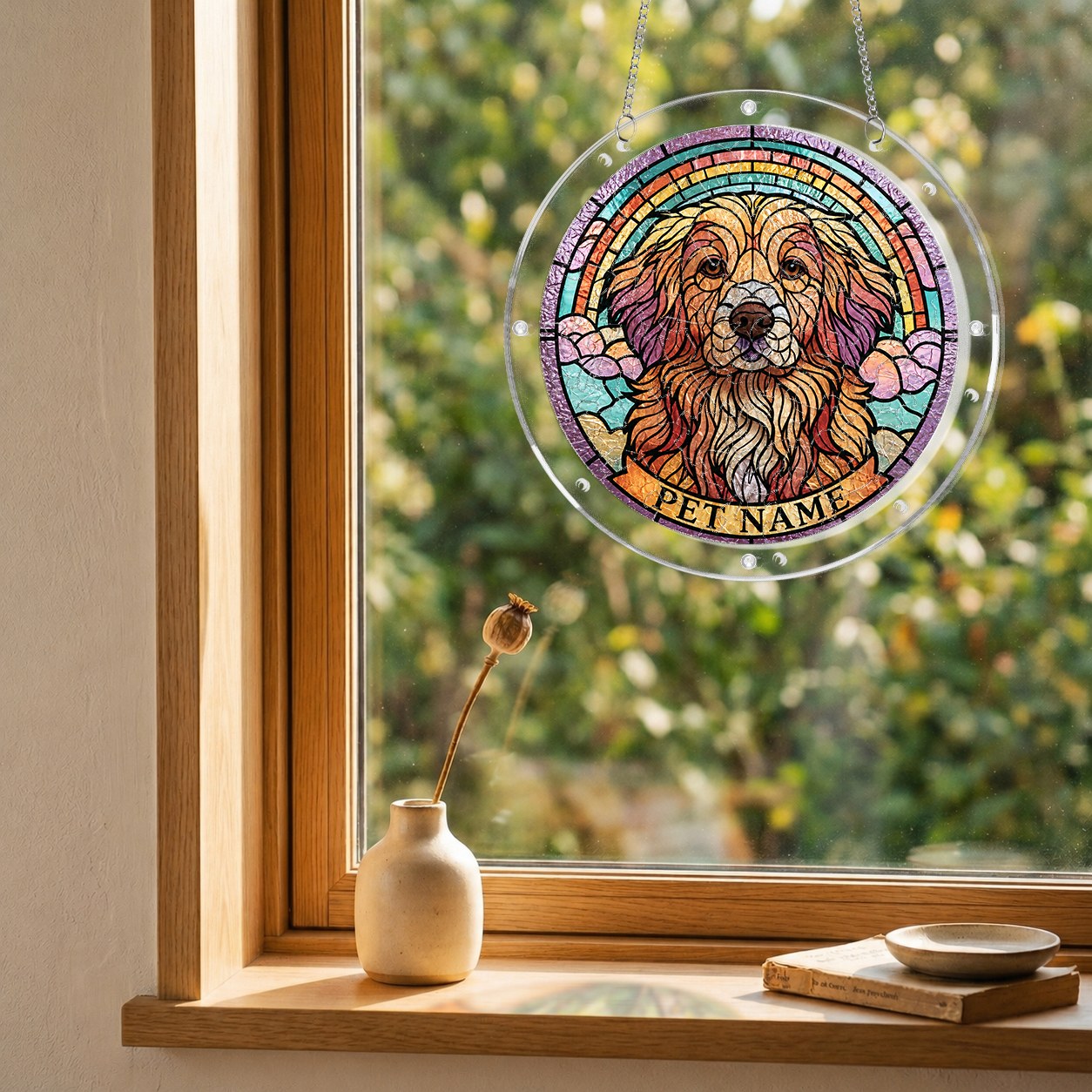 Dog memorial puzzle suncatcher hanging in a sunny window