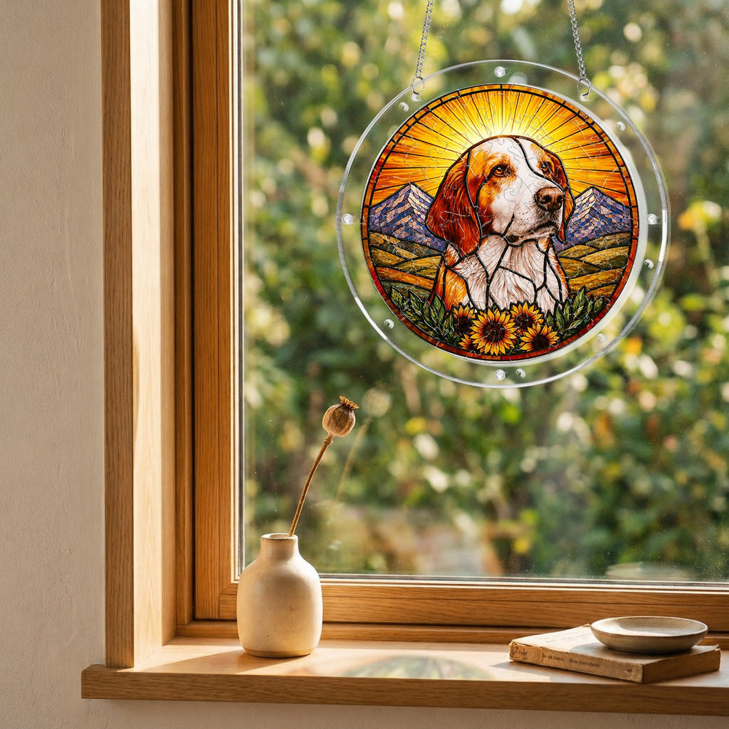 Dog memorial puzzle suncatcher hanging in a sunny window