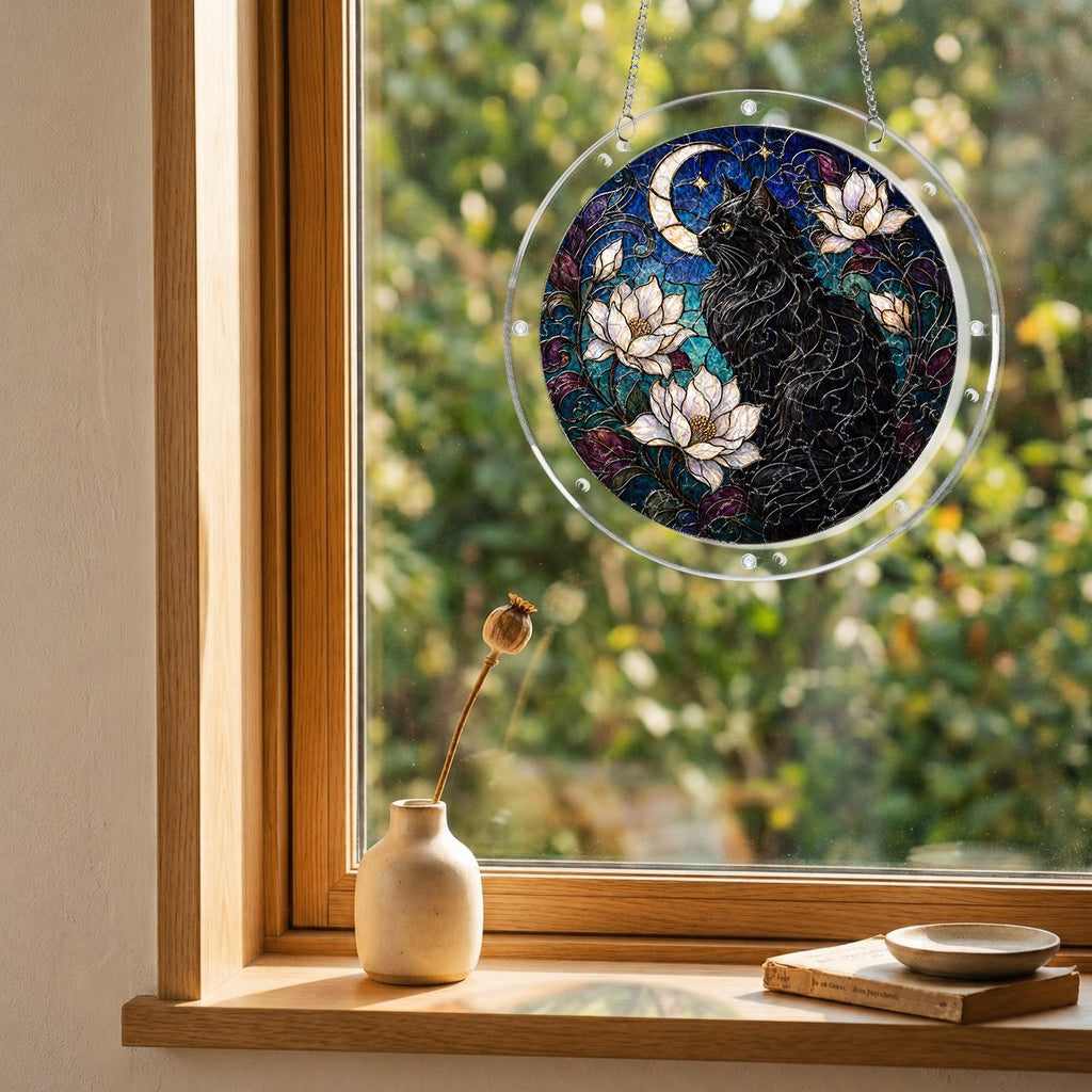 Black cat memorial puzzle suncatcher hanging in a sunny window