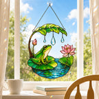 Frog lotus suncatcher in a cozy window with books and coffee