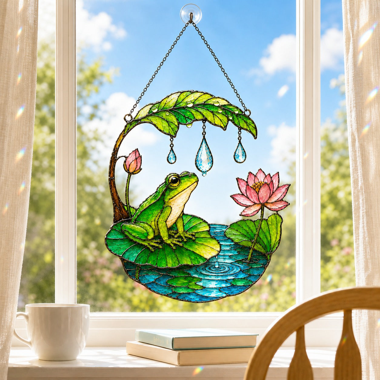 Frog lotus suncatcher in a cozy window with books and coffee