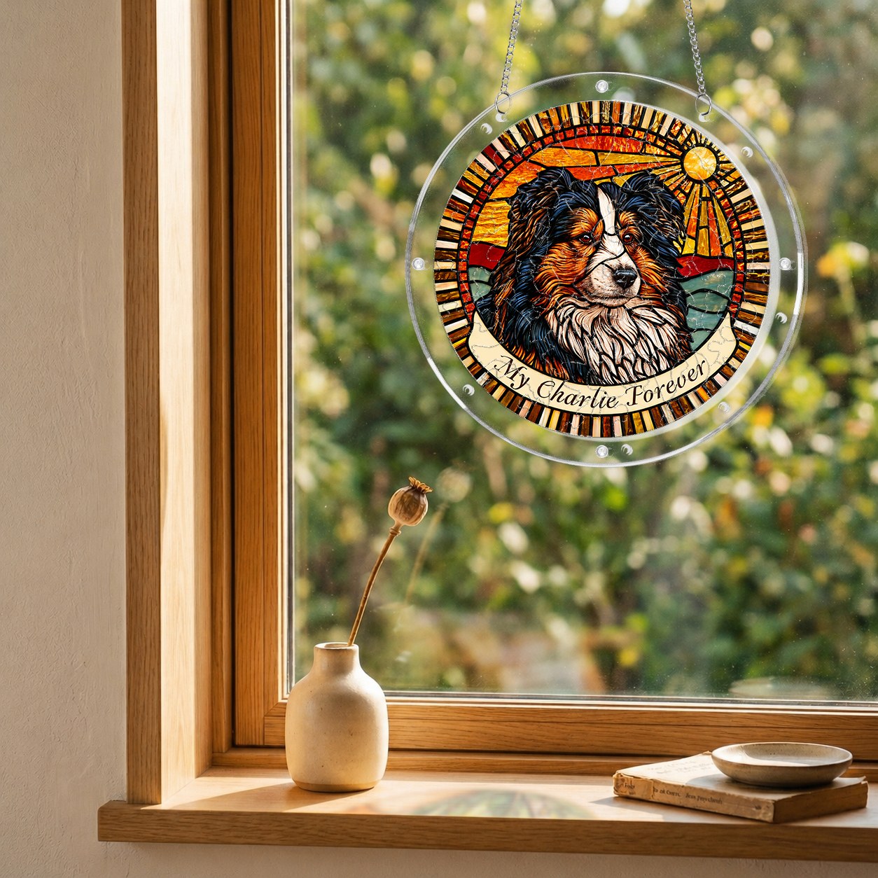 Dog memorial puzzle suncatcher hanging in a sunny window