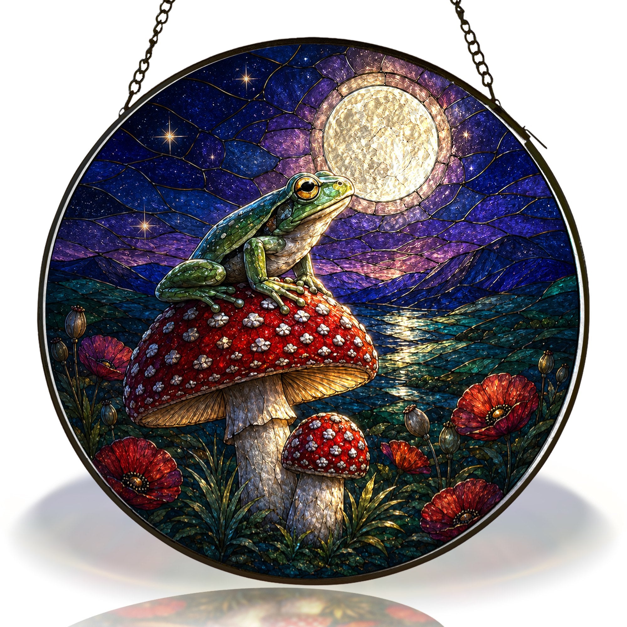 Frog on Mushroom Moonlit Stained Glass Suncatcher