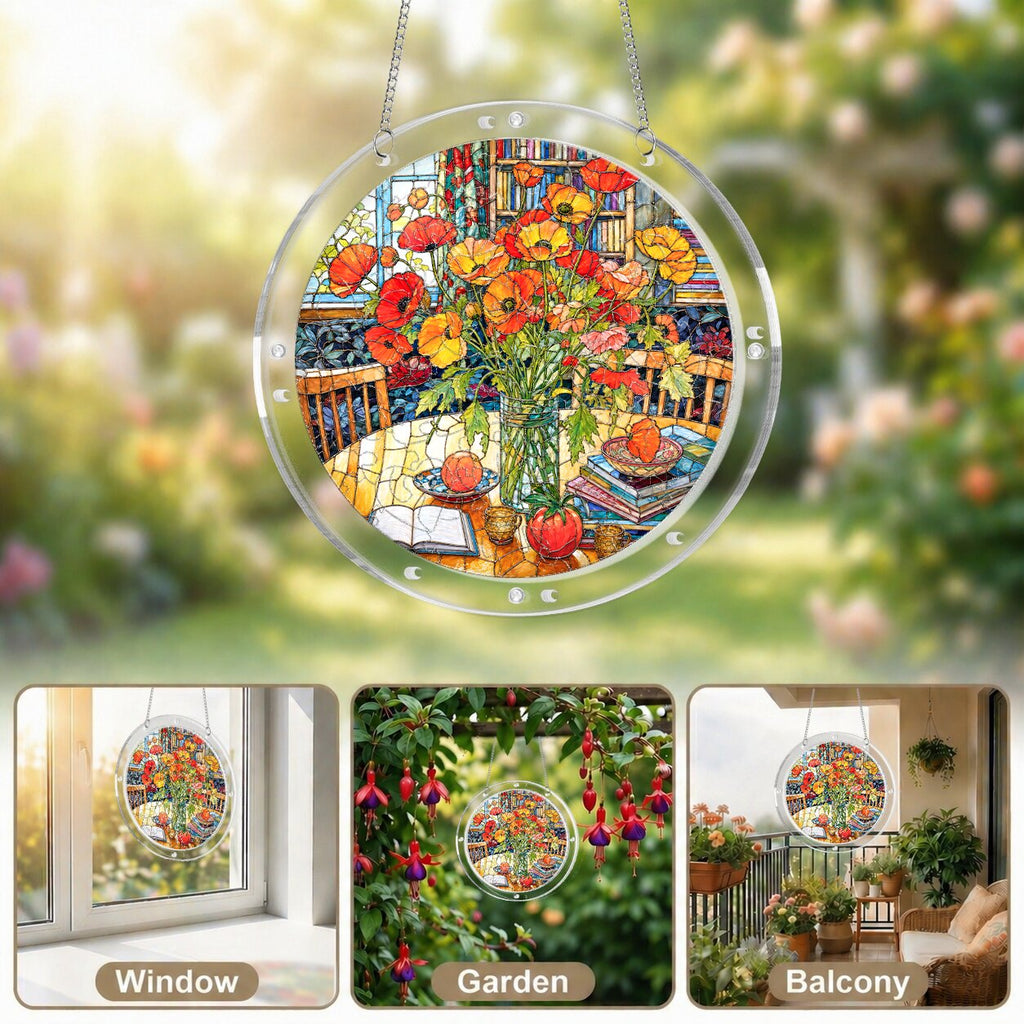Cottage Red Poppy Acrylic Puzzle Suncatcher