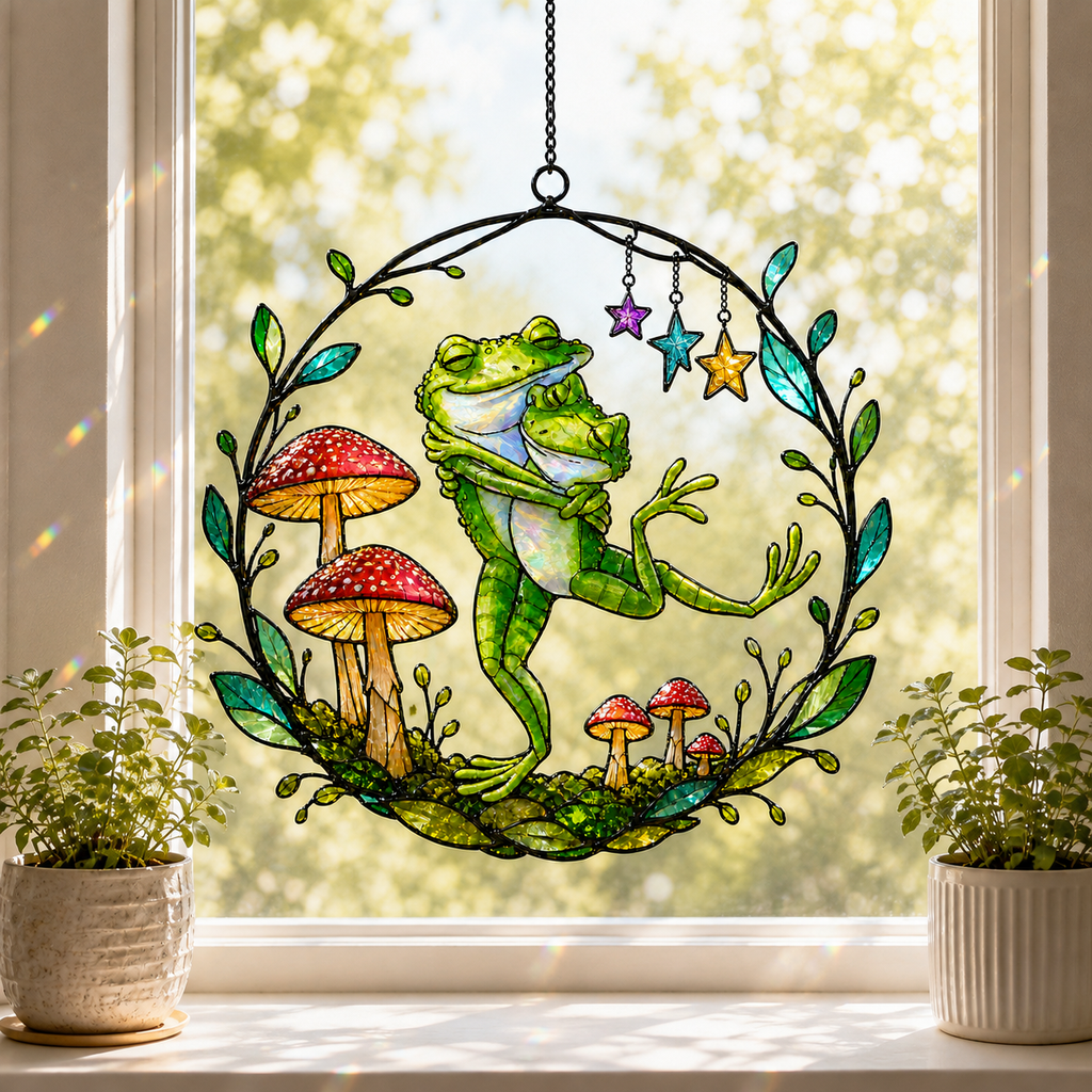 Dancing Frog Couple with Mushrooms Holographic Acrylic Suncatcher