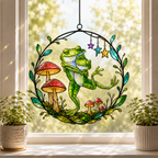 Dancing Frog Couple with Mushrooms Holographic Acrylic Suncatcher