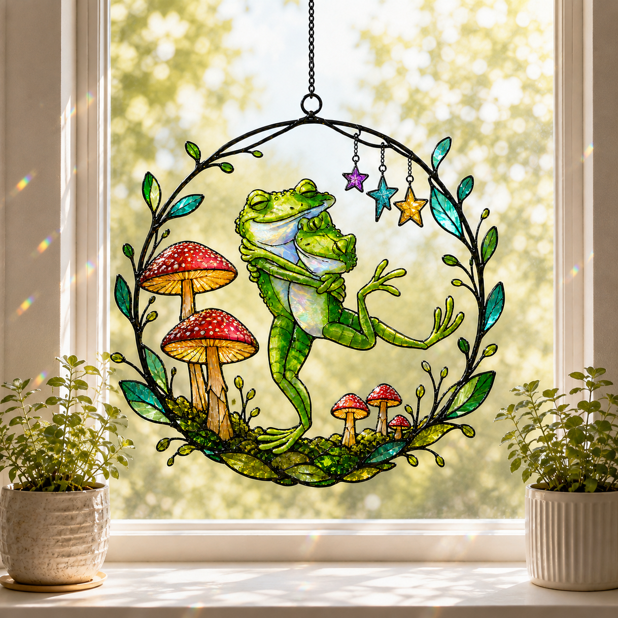 Dancing Frog Couple with Mushrooms Holographic Acrylic Suncatcher