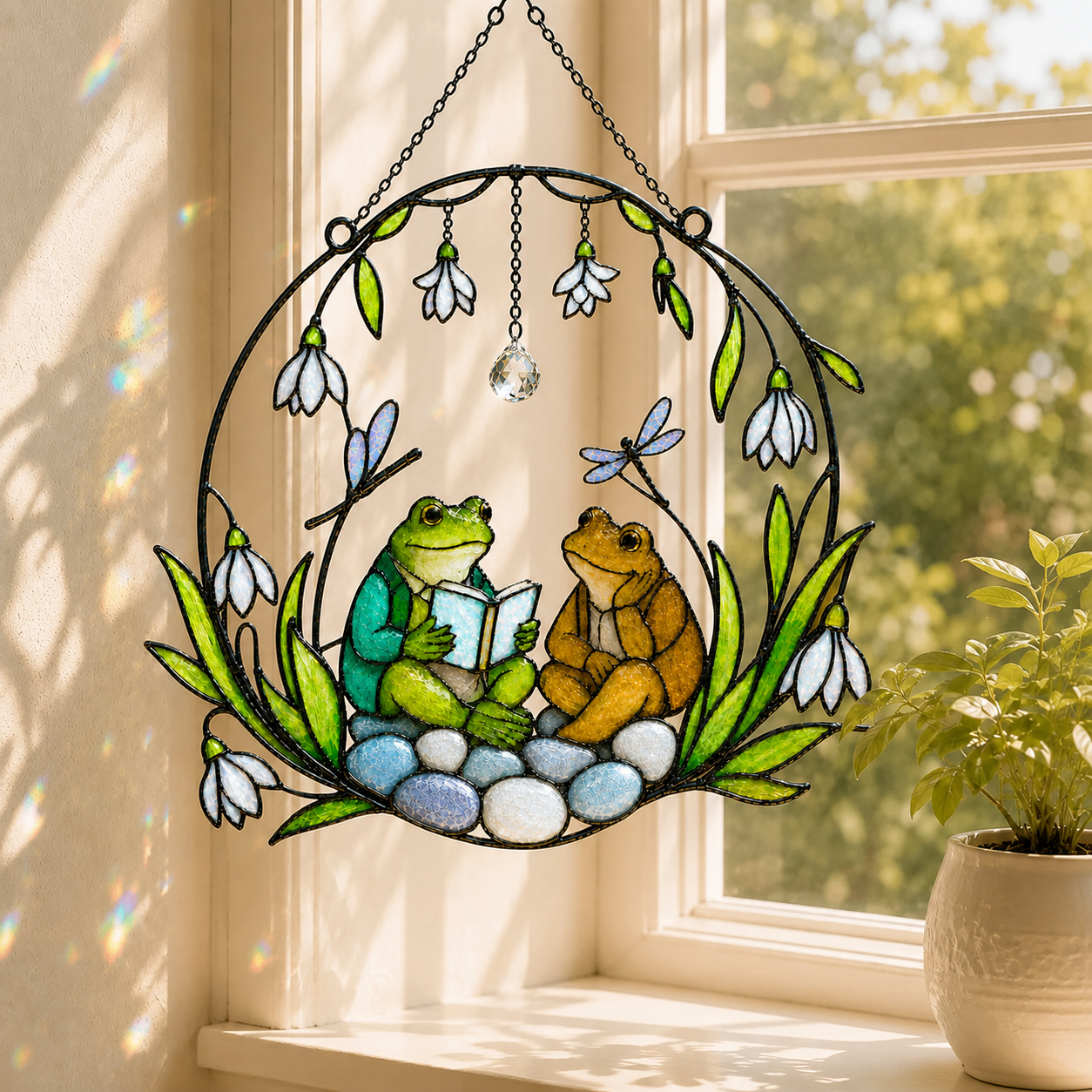 Frog Couple Reading a Book Holographic Acrylic Suncatcher