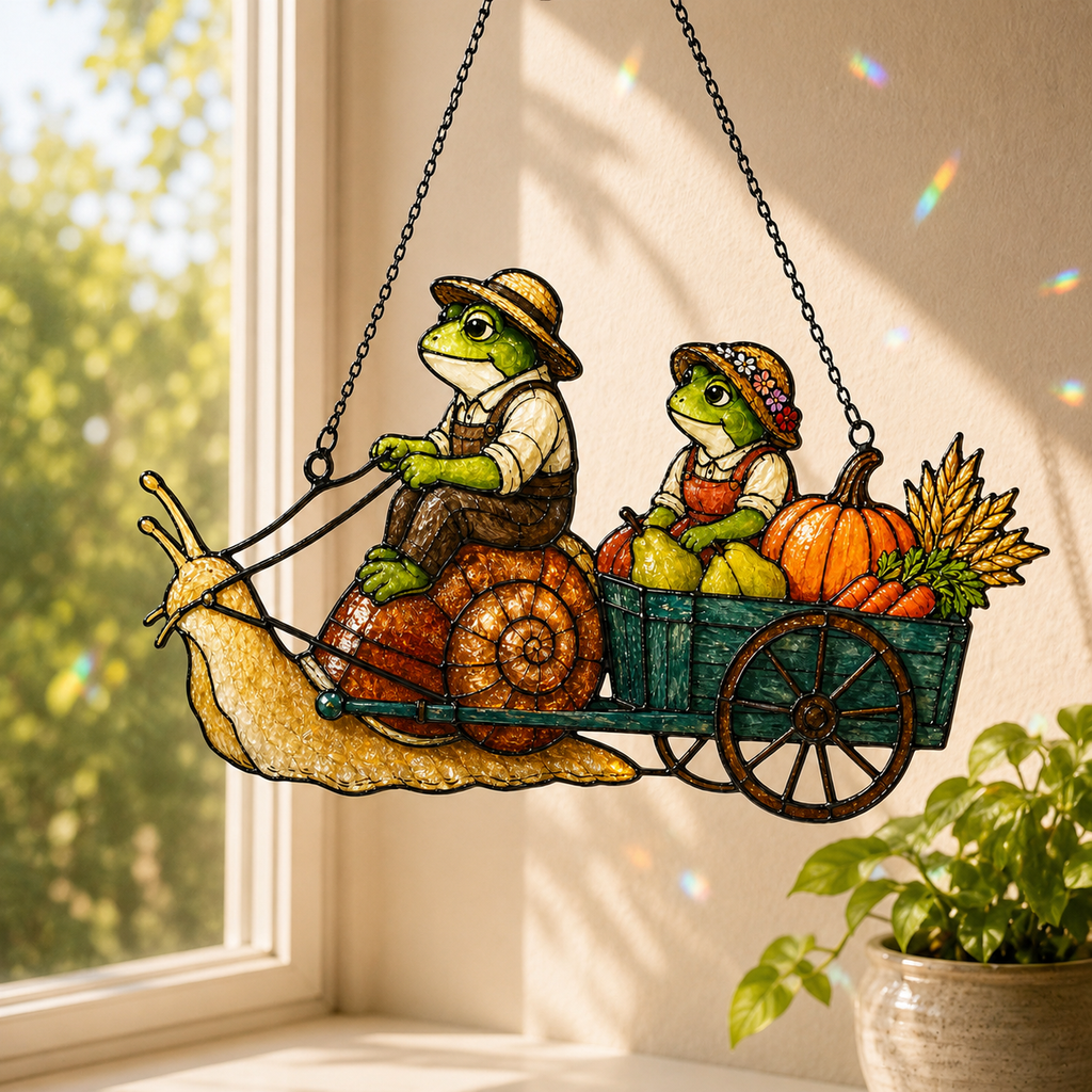 Frog Couple Pumpkin Harvest Snail Cart Holographic Acrylic Suncatcher