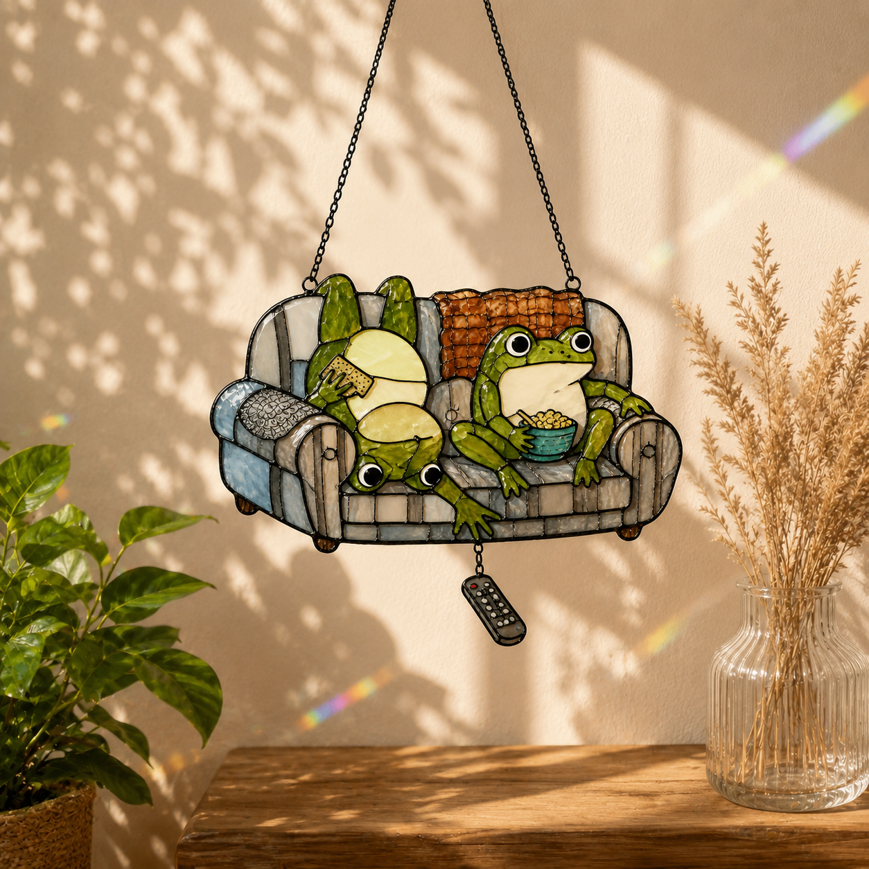Frog Couple Movie Night on Couch Holographic Acrylic Suncatcher