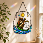 Owl and Cat Couple in a Boat Holographic Acrylic Suncatcher
