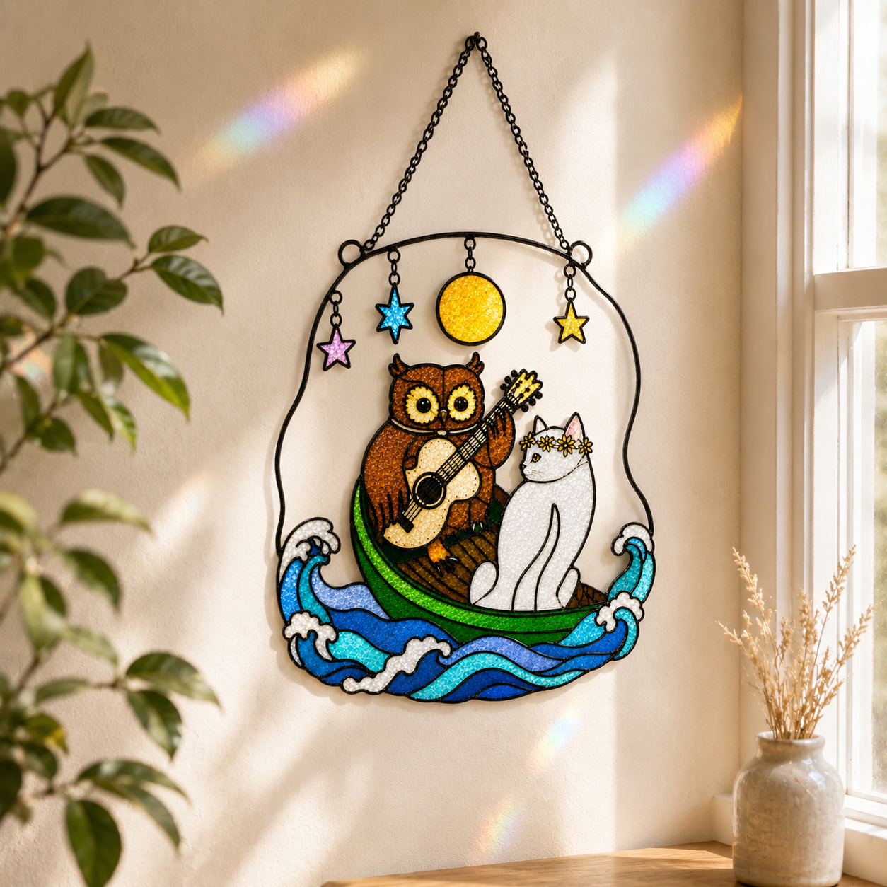 Owl and Cat Couple in a Boat Holographic Acrylic Suncatcher