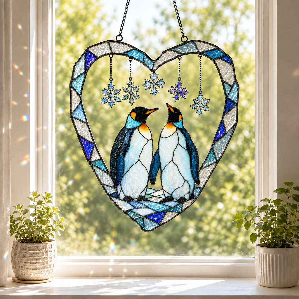 Penguin Couple Heart Snowflake Holographic Acrylic Suncatcher
