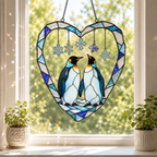 Penguin Couple Heart Snowflake Holographic Acrylic Suncatcher