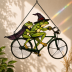 Witch Frog Couple on a Bicycle Holographic Acrylic Suncatcher