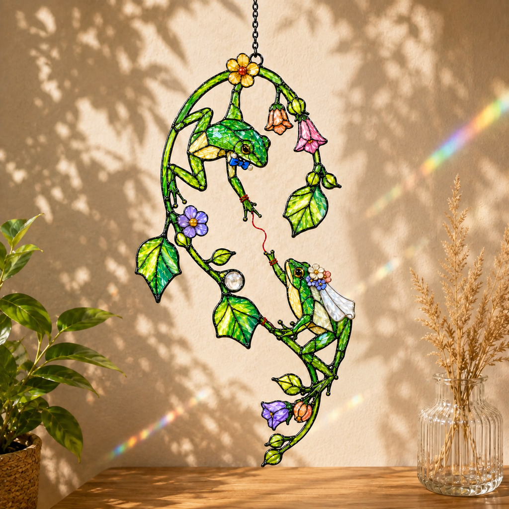 Frog Couple on Flower Vine Holographic Acrylic Suncatcher