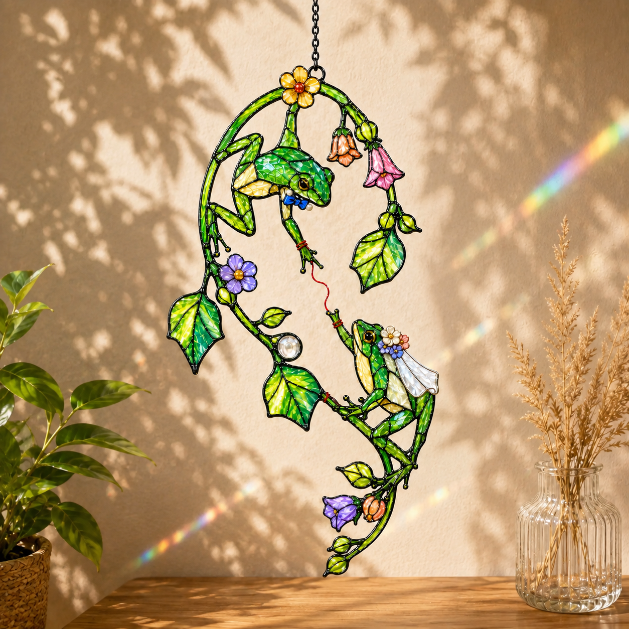 Frog Couple on Flower Vine Holographic Acrylic Suncatcher