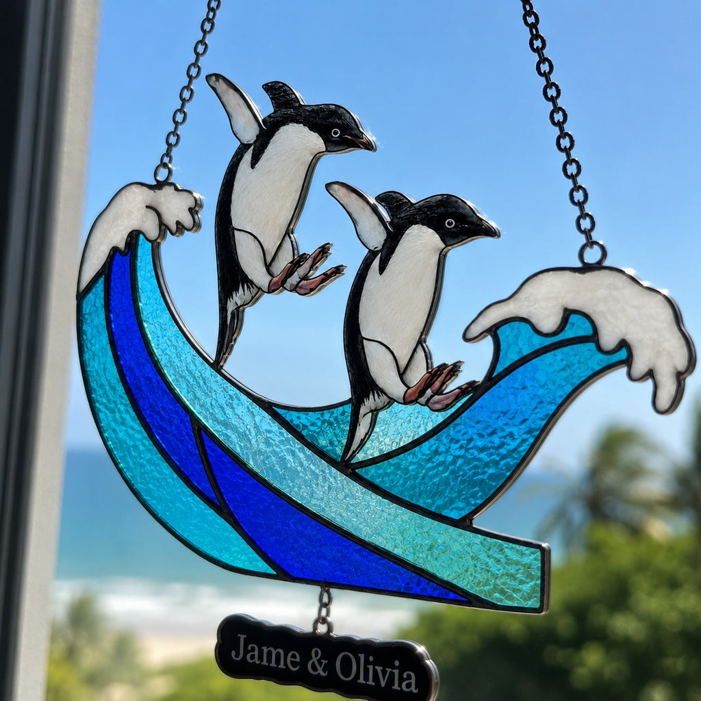 Personalized Penguin Couple Ocean Wave Holographic Acrylic Suncatcher