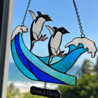Personalized Penguin Couple Ocean Wave Holographic Acrylic Suncatcher