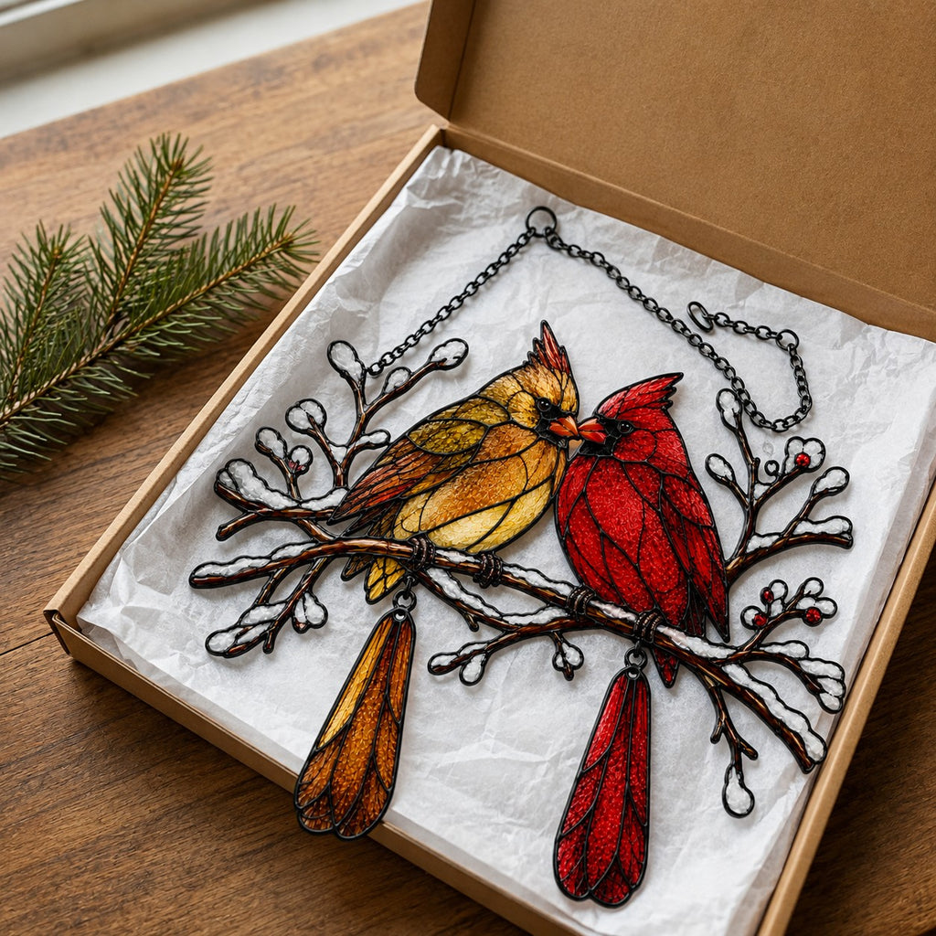 Cardinal Couple Snowy Branch Holographic Acrylic Suncatcher