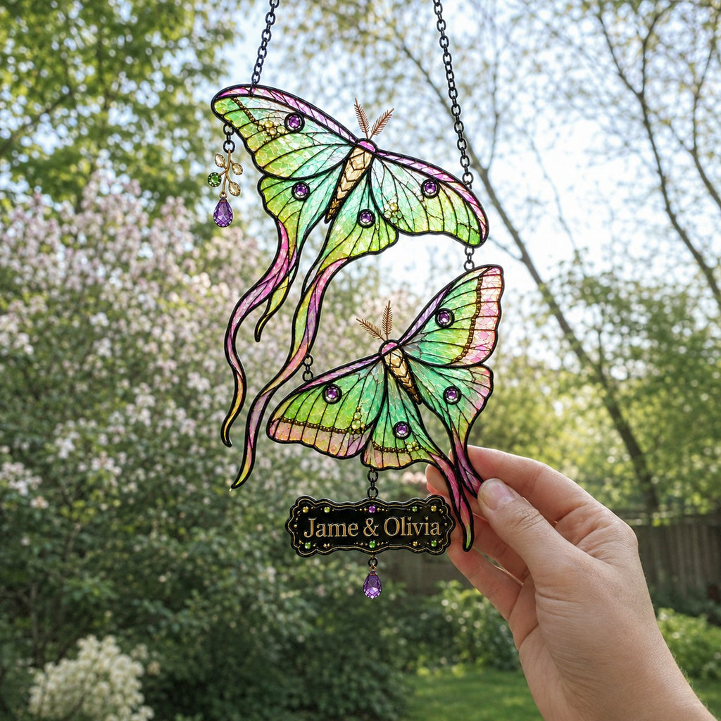 Personalized Luna Moth Couple Holographic Acrylic Suncatcher