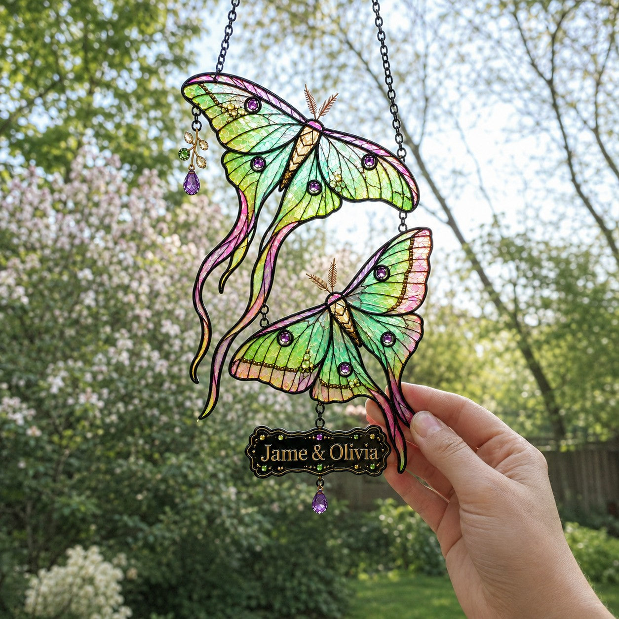 Personalized Luna Moth Couple Holographic Acrylic Suncatcher